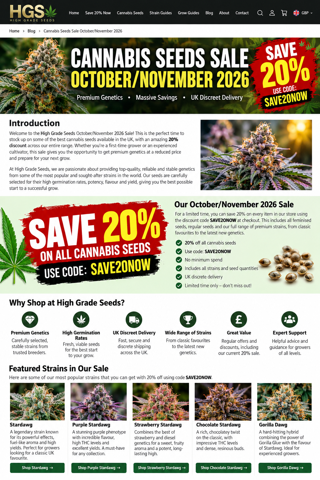 High Grade Seeds October/November 2026 sale — save 20% with code SAVE2ONOW