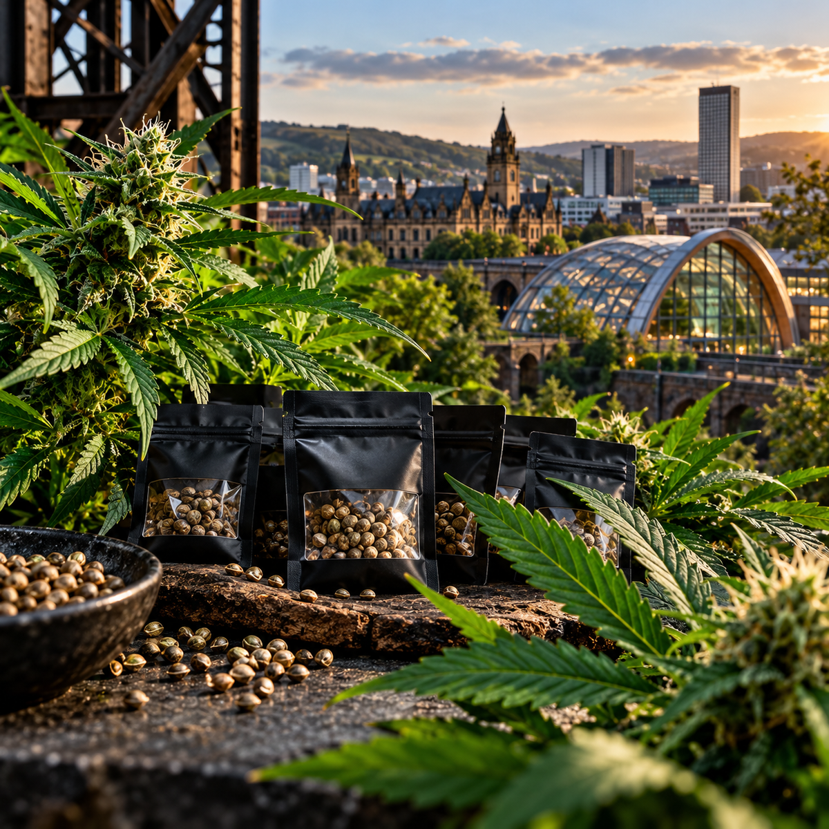 High Grade Seeds Stardawg collection with Sheffield skyline